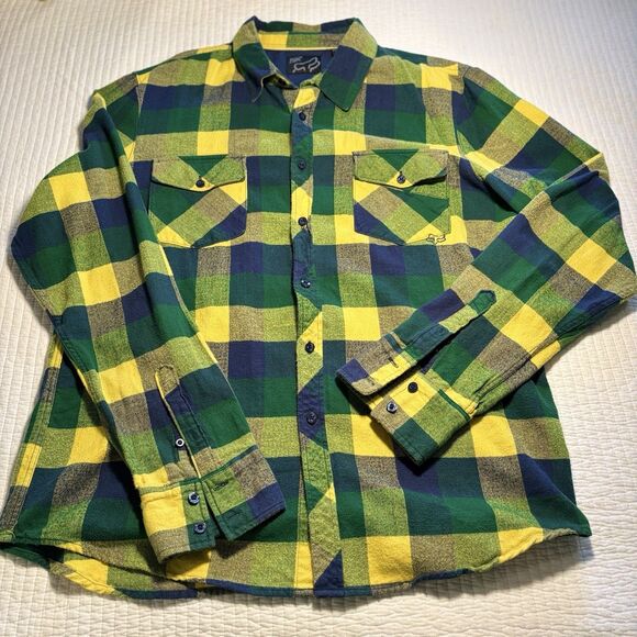 FOX Shirt Men's XL Button Down Plaid Yellow Flannel Heavy Racing Motocross ATV - Picture 1 of 6